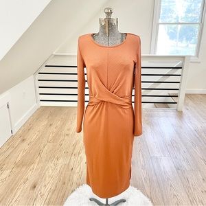 XS S XL XXL Nine West mocha brown long sleeve stretchy midi dress